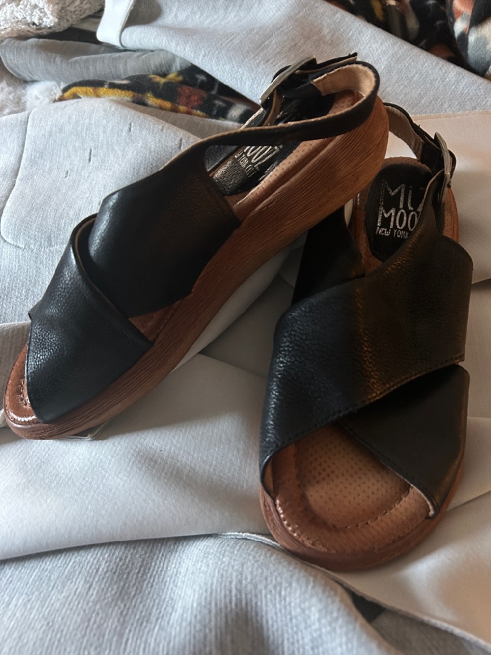 Miz Mooz Black Leather Crisscross Slingback Wedge Sandals